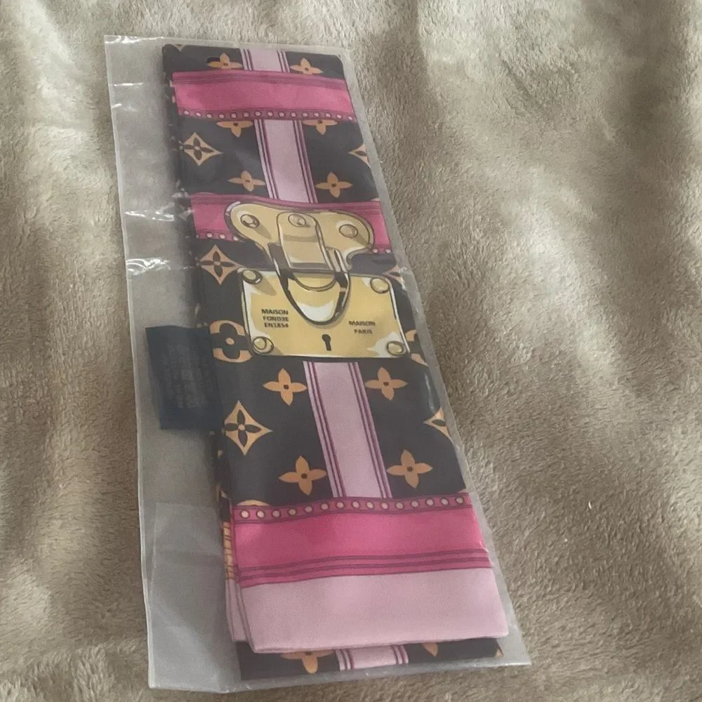 Silky Pink & Brown *Trunks* Style Monogram Twilly Scarf